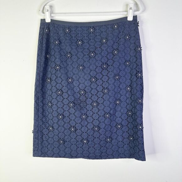 Talbots Skirt Women 12 Navy Blue Cotton Embroidery Flower Pencil Preppy Classic - Picture 1 of 8